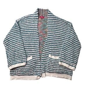 NET.153 Cardigan Women M/L Teal White Striped Popcorn Knit Open Front Boho